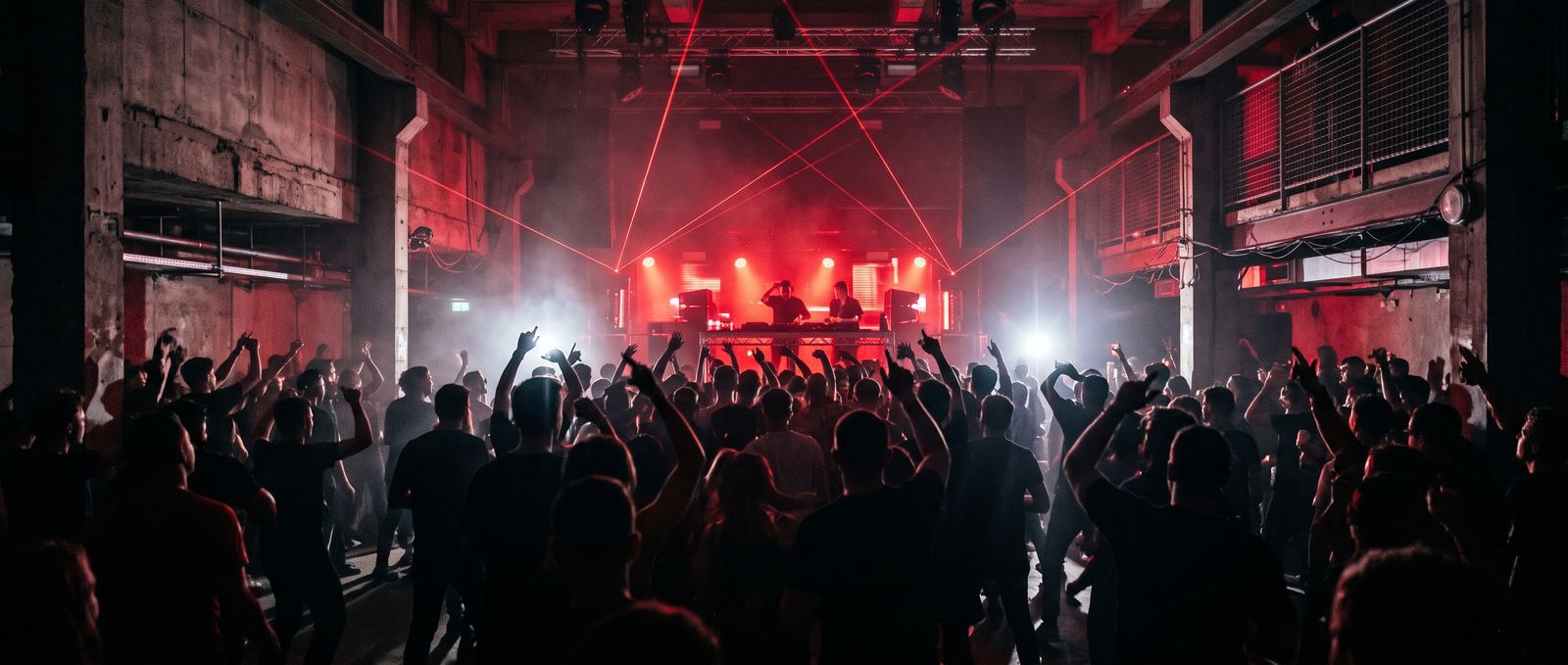 Crowd dancing under red lasers in an underground techno club