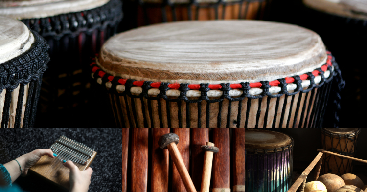 Traditional African instruments used in Afro House music production including djembe kalimba balafon
