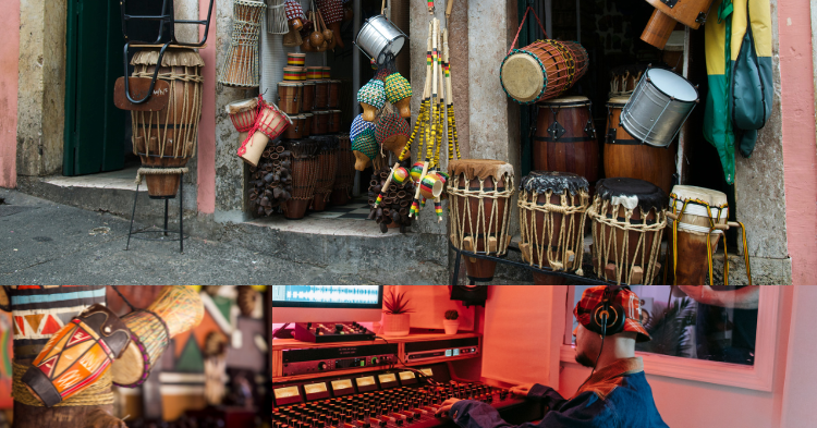 "Afro House music production studio setup mixing traditional African instruments with modern electronic equipment