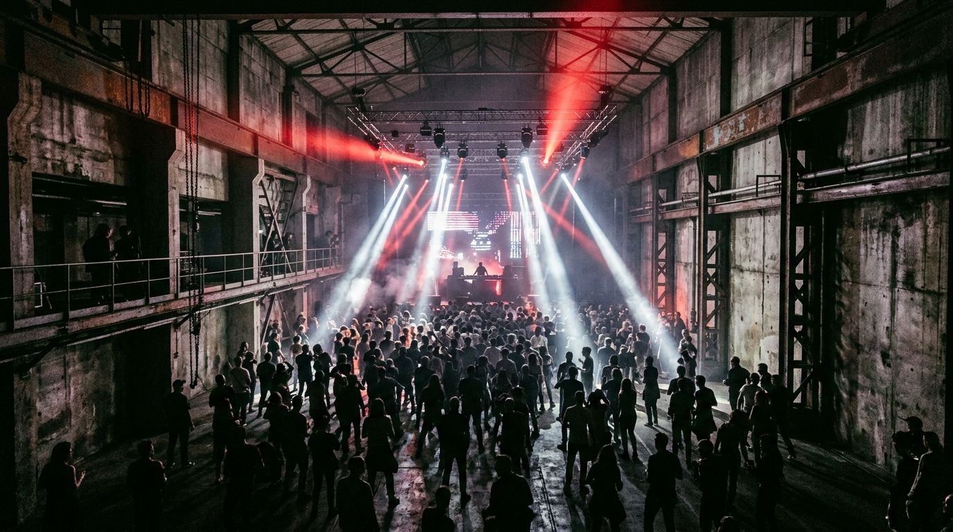 AI-generated illustration of an industrial techno club with red and white light beams over a crowd